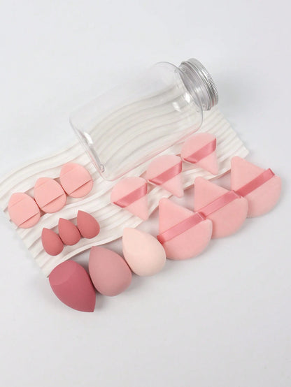 Makeup Sponge Set With 15 Sponges And Storage Jar, 3 Regular Makeup Sponges & 3 Mini Makeup Sponges & 3 Loose Powder Puffs & 3 Mini Loose Powder Puffs & 3 Mini Finger Cushion Powder Puffs. Mixed Shape