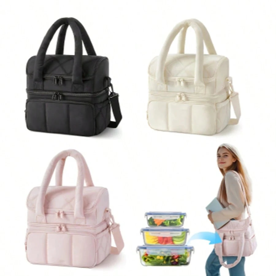 Male And Female Expandable Double-Layer Insulated Lunch Bag, With Shoulder Straps And Leak Proof Refrigerated Lunch Bag, Suitable For Work, Office, Picnic, And Beach, Portable Lunch Handbag