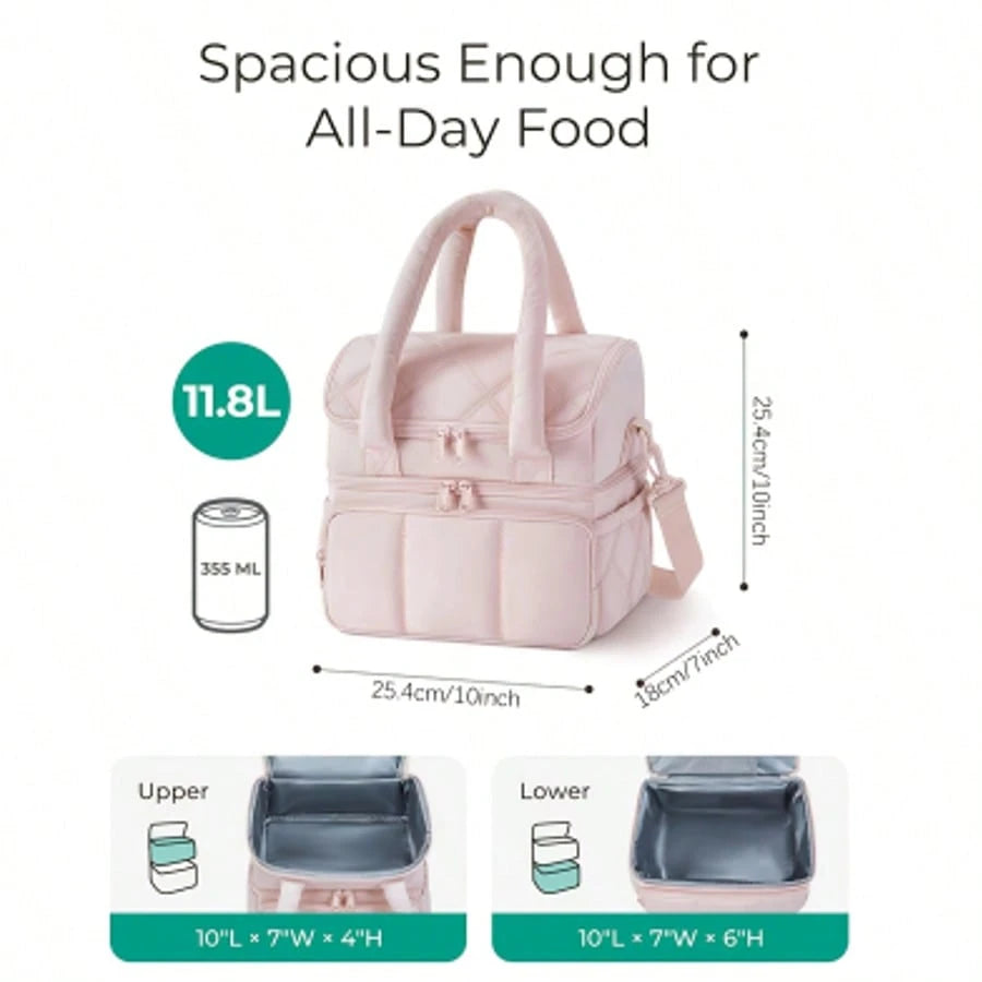 Male And Female Expandable Double-Layer Insulated Lunch Bag, With Shoulder Straps And Leak Proof Refrigerated Lunch Bag, Suitable For Work, Office, Picnic, And Beach, Portable Lunch Handbag