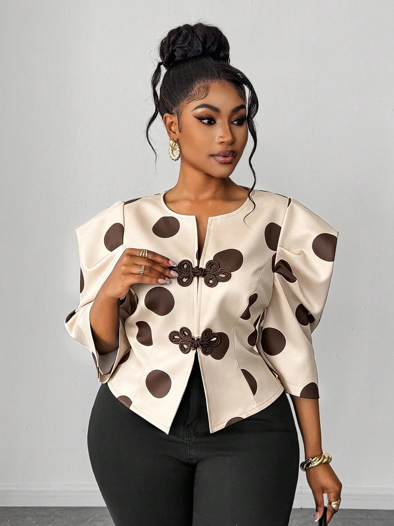 Maweii Chinese Vintage Casual Polka Dot Print Plus Size Shirt Fall