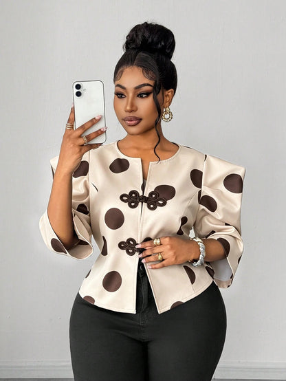 Maweii Chinese Vintage Casual Polka Dot Print Plus Size Shirt Fall