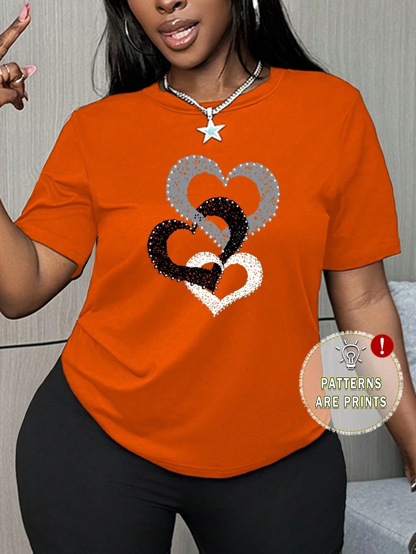Maweii Plus Size Heart Print Round Neck Short Sleeve Casual Plus Size Women T-Shirt