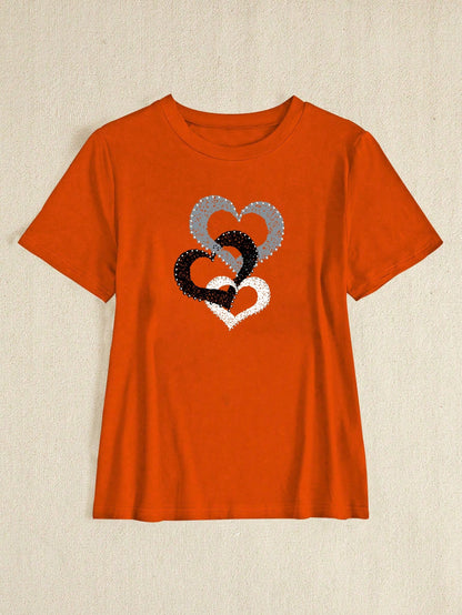 Maweii Plus Size Heart Print Round Neck Short Sleeve Casual Plus Size Women T-Shirt