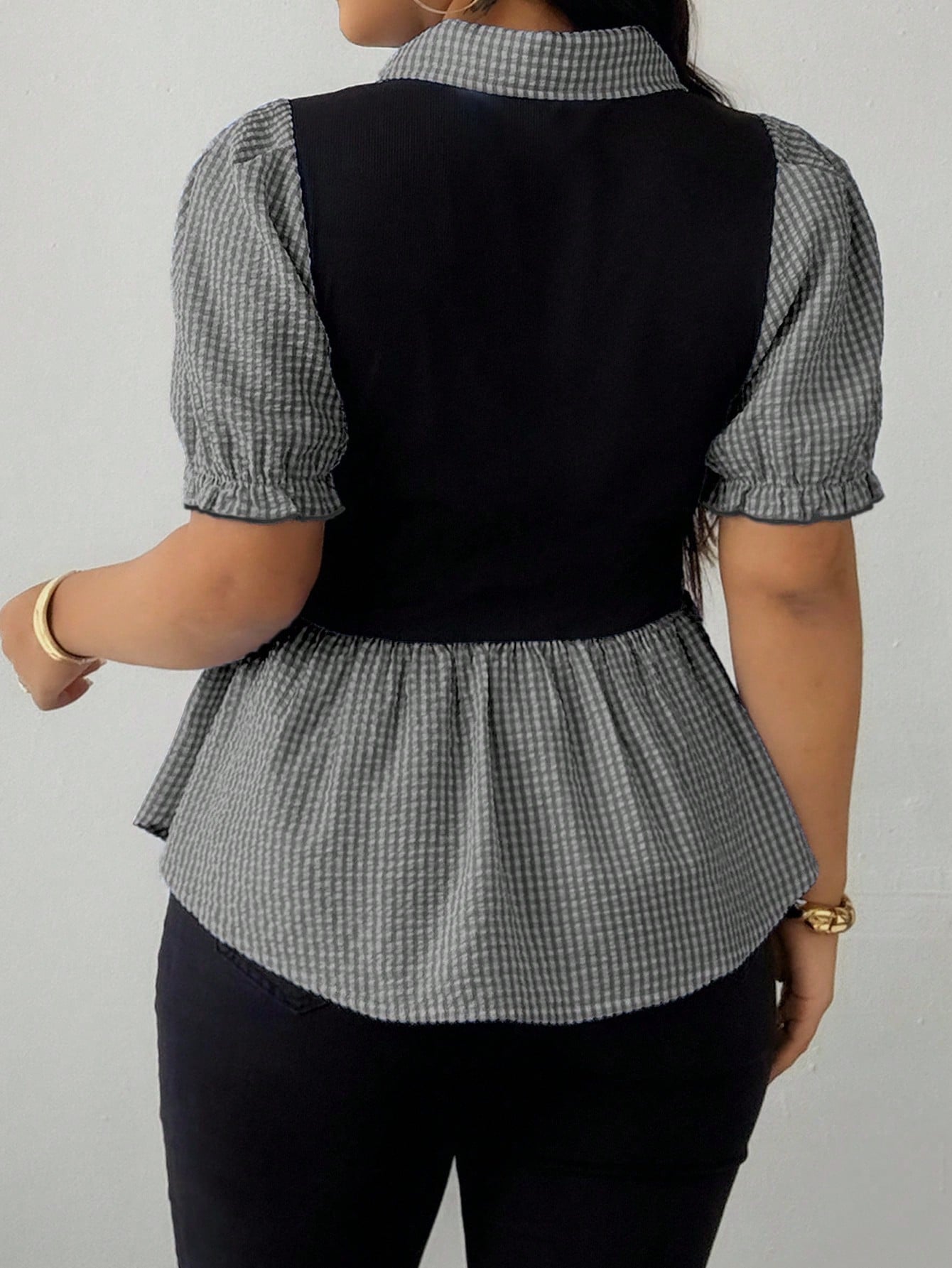 Maweii Plus Size Women Lapel Patchwork Plaid Faux 2-In-1 Top
