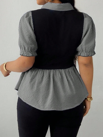 Maweii Plus Size Women Lapel Patchwork Plaid Faux 2-In-1 Top