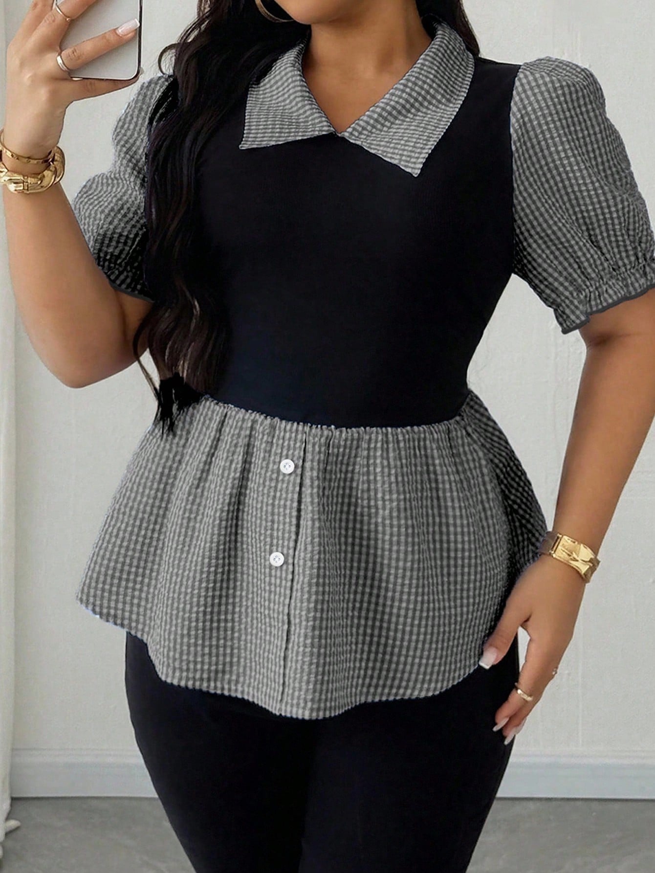 Maweii Plus Size Women Lapel Patchwork Plaid Faux 2-In-1 Top