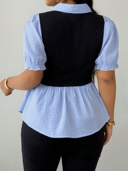 Maweii Plus Size Women Lapel Patchwork Plaid Faux 2-In-1 Top