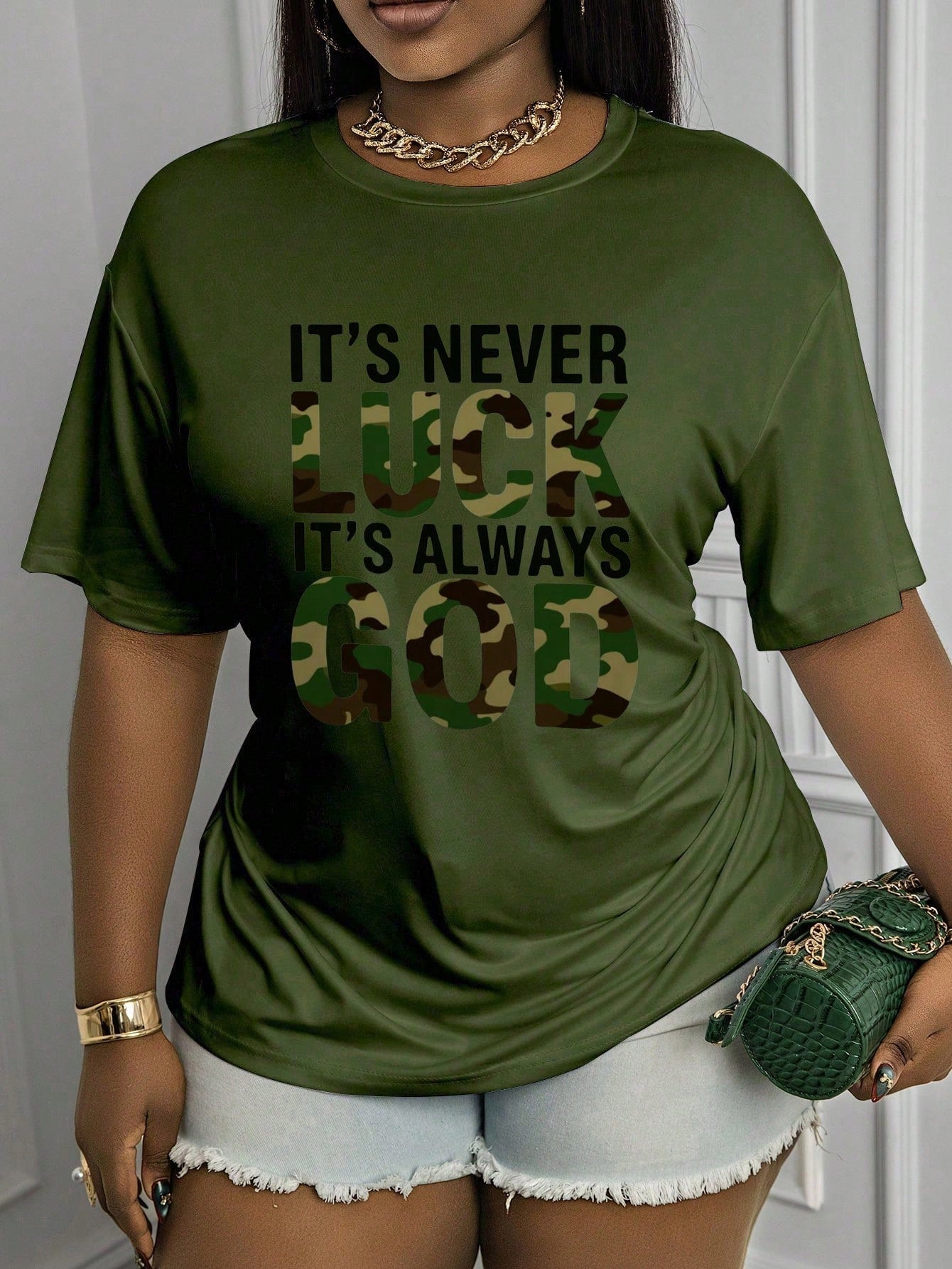 Maweii Plus Size Women's Casual T-Shirt,Army Green,Summer,Everyday,It's Never Luck It's Always God Camouflage Print Round Neck Short Sleeve Motivational Top