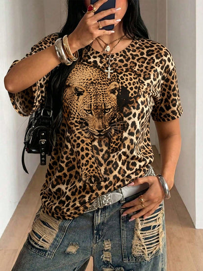 Maweii Plus Size Women's Letter & Leopard Print Short Sleeve Casual T-Shirt