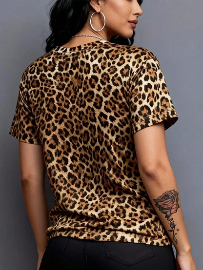 Maweii Plus Size Women's Letter & Leopard Print Short Sleeve Casual T-Shirt