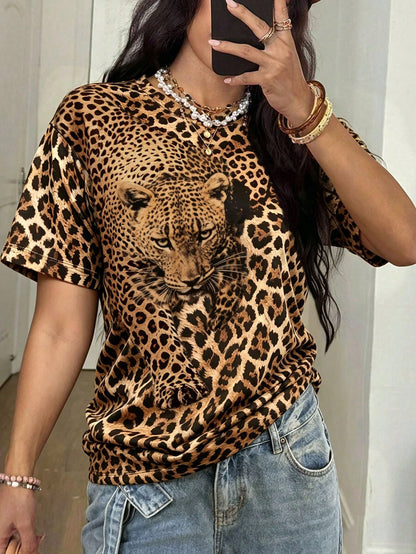Maweii Plus Size Women's Letter & Leopard Print Short Sleeve Casual T-Shirt