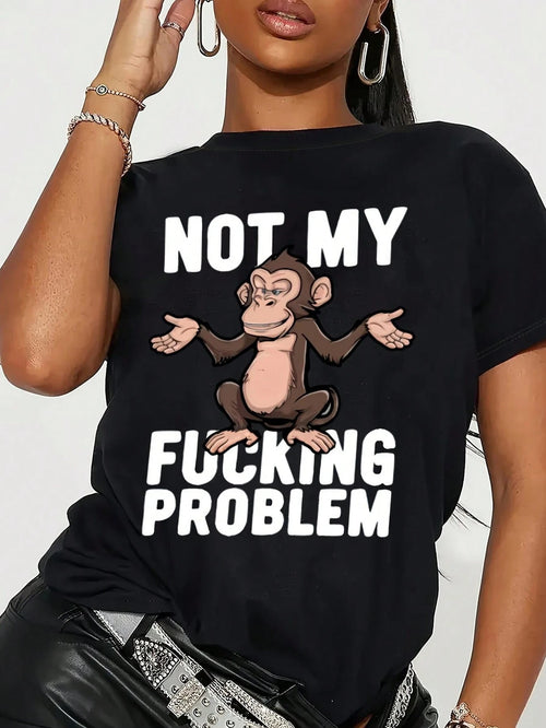 Maweii Women's Casual Crew Neck T-Shirt Monkey Print Not My Problem Animal Pattern Polyester Knit Fabric All-Season Black And White,Summer,Casual,Everyday