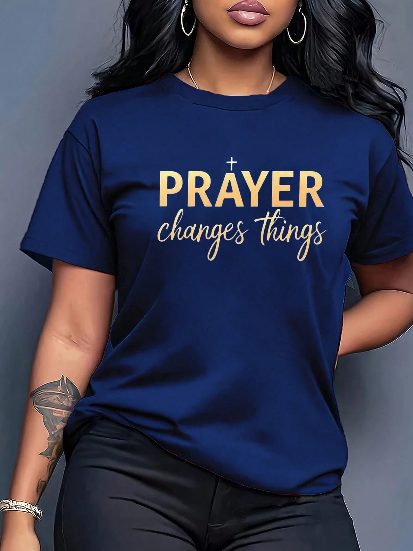 Maweii Women's Navy Blue Summer Smart Casual Top Featuring Prayer Changes Everything Print & Golden Cross, Soft Breathable Round Neck Everyday Casual Top