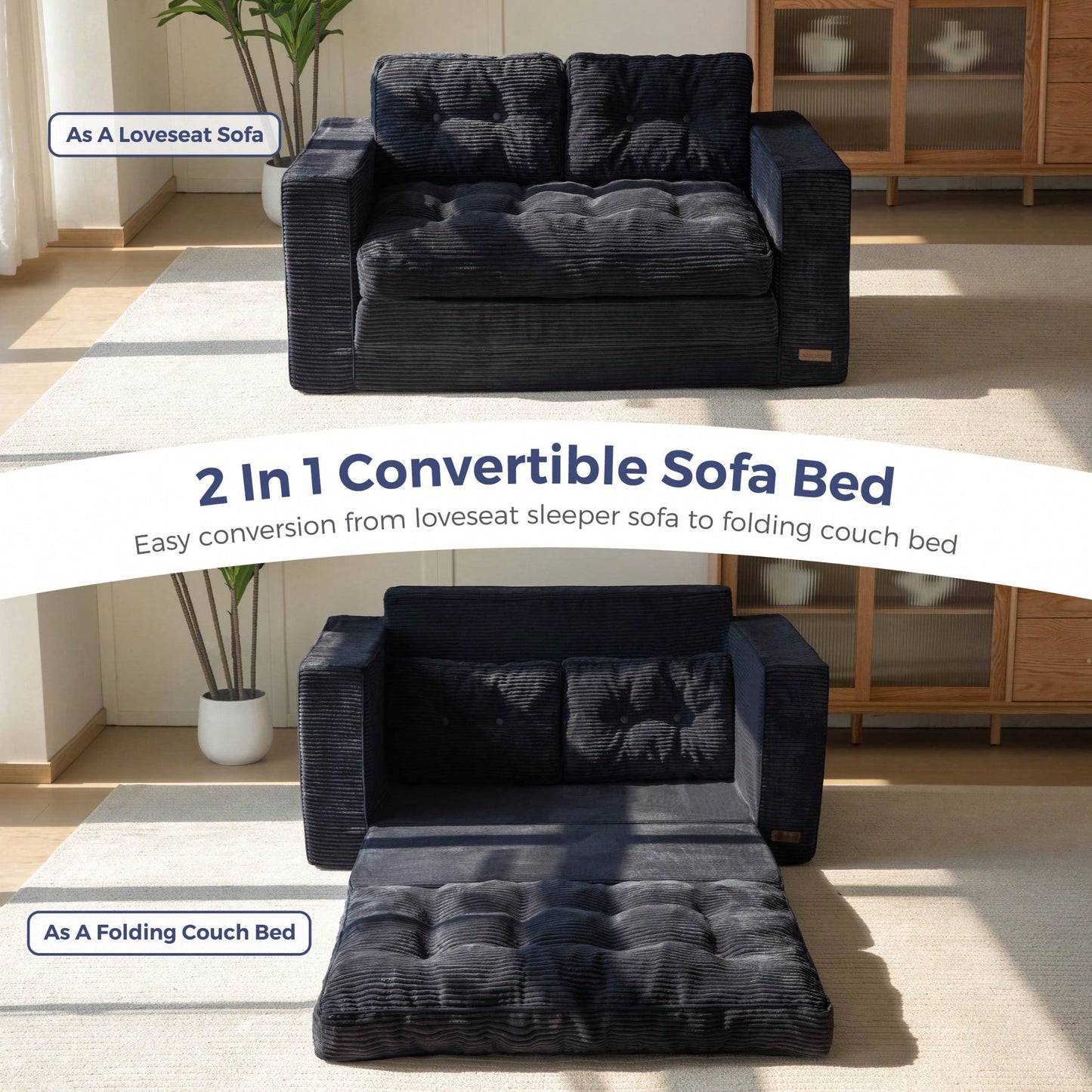 MAXYOYO Convertible Sofa Bed,Pull-Out Double Sofa Bed,2-In-1 Folding Sofa Bed Filled With High-Density Sponge,Folding Floor Sofa With Pillows,Suitable For Living Room,Bedroom,Study