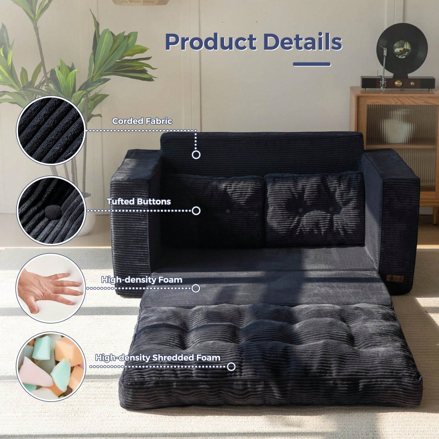 MAXYOYO Convertible Sofa Bed,Pull-Out Double Sofa Bed,2-In-1 Folding Sofa Bed Filled With High-Density Sponge,Folding Floor Sofa With Pillows,Suitable For Living Room,Bedroom,Study