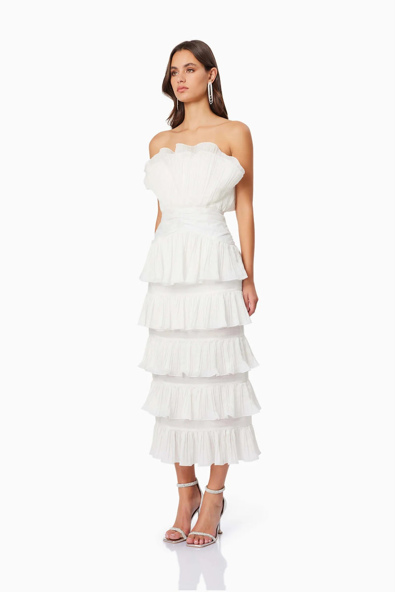 Maya Pleated Midi Dress - White - SHOPJAUS - JAUS