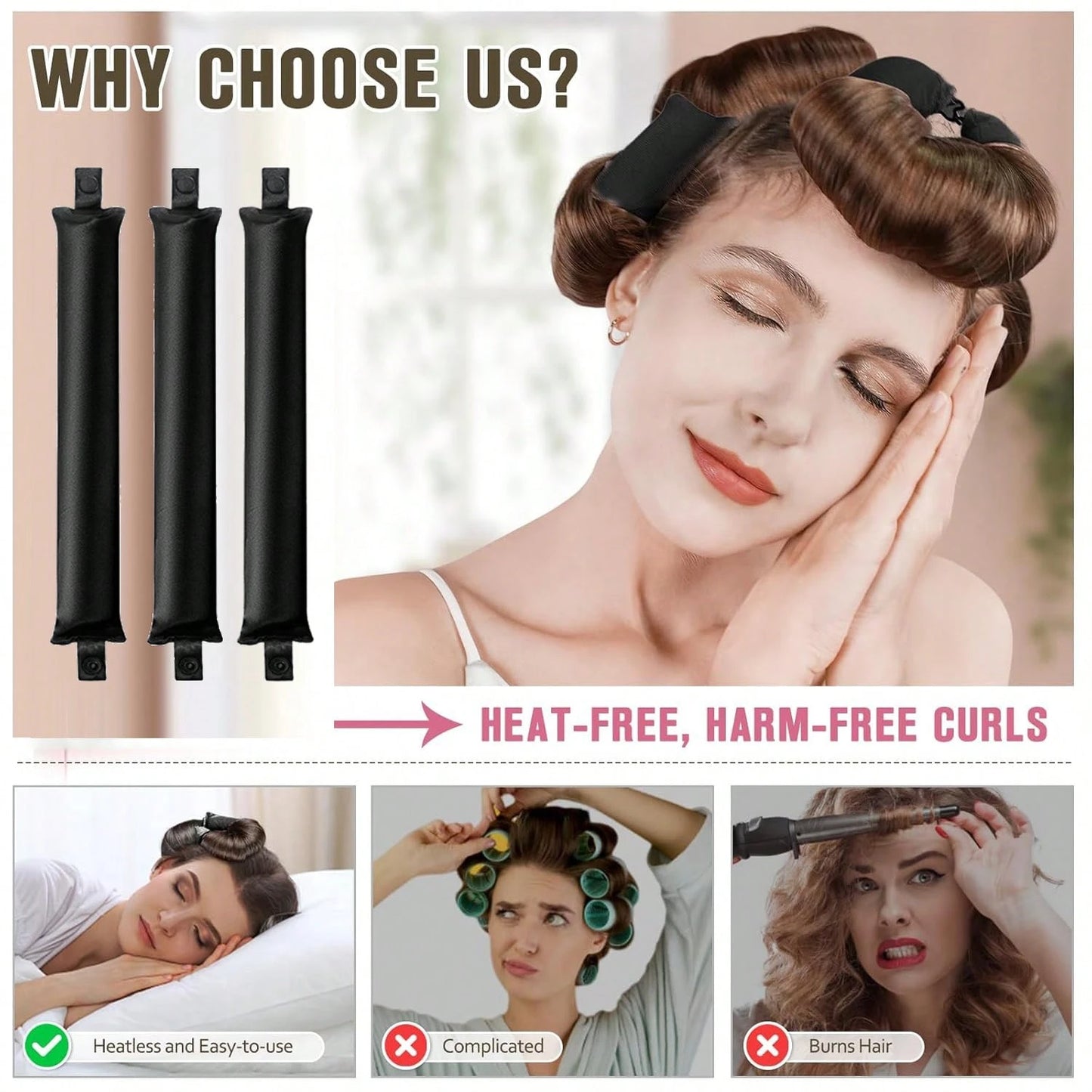 Mcbki 5pcs/4pcs/3pcs No-Heat Hair Curlers, Slouchy Hair Curling Tool, Silk Hair Rollers, Elastic Headband, Long Hair Soft Curling Accessories, Manual Styling Tools, Sleep Hair Curler, Suitable For Val