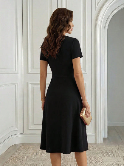 Medorina Women's Black Lace Patchwork Elegant Party Mid-Length Dress