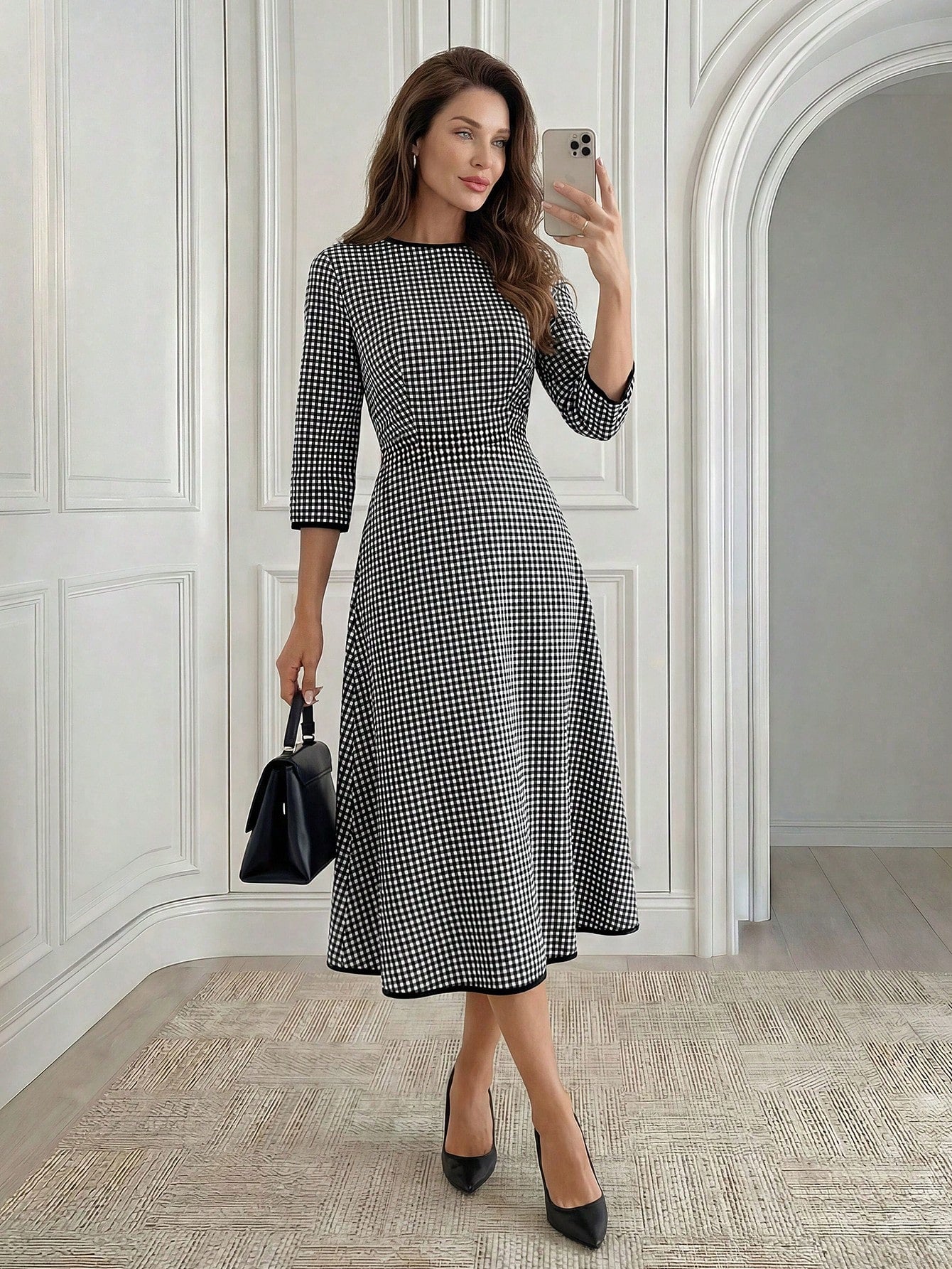 Medorina Women's Elegant Plaid Mid-Length Dress For Commuting,Fall Dresses For Women