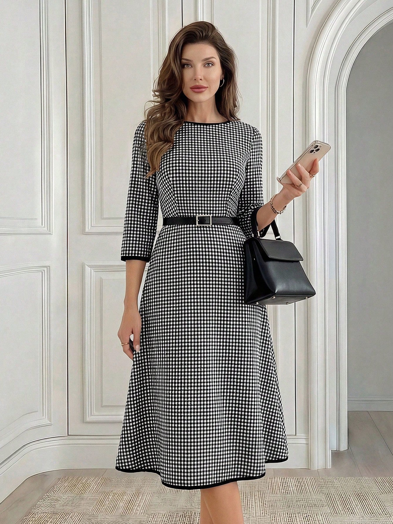 Medorina Women's Elegant Plaid Mid-Length Dress For Commuting,Fall Dresses For Women