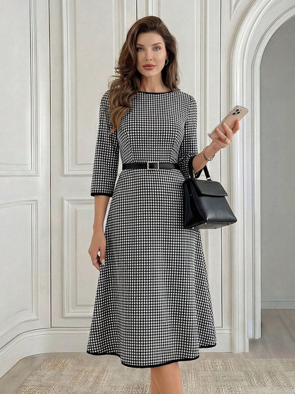Medorina Women's Elegant Plaid Mid-Length Dress For Commuting,Fall Dresses For Women