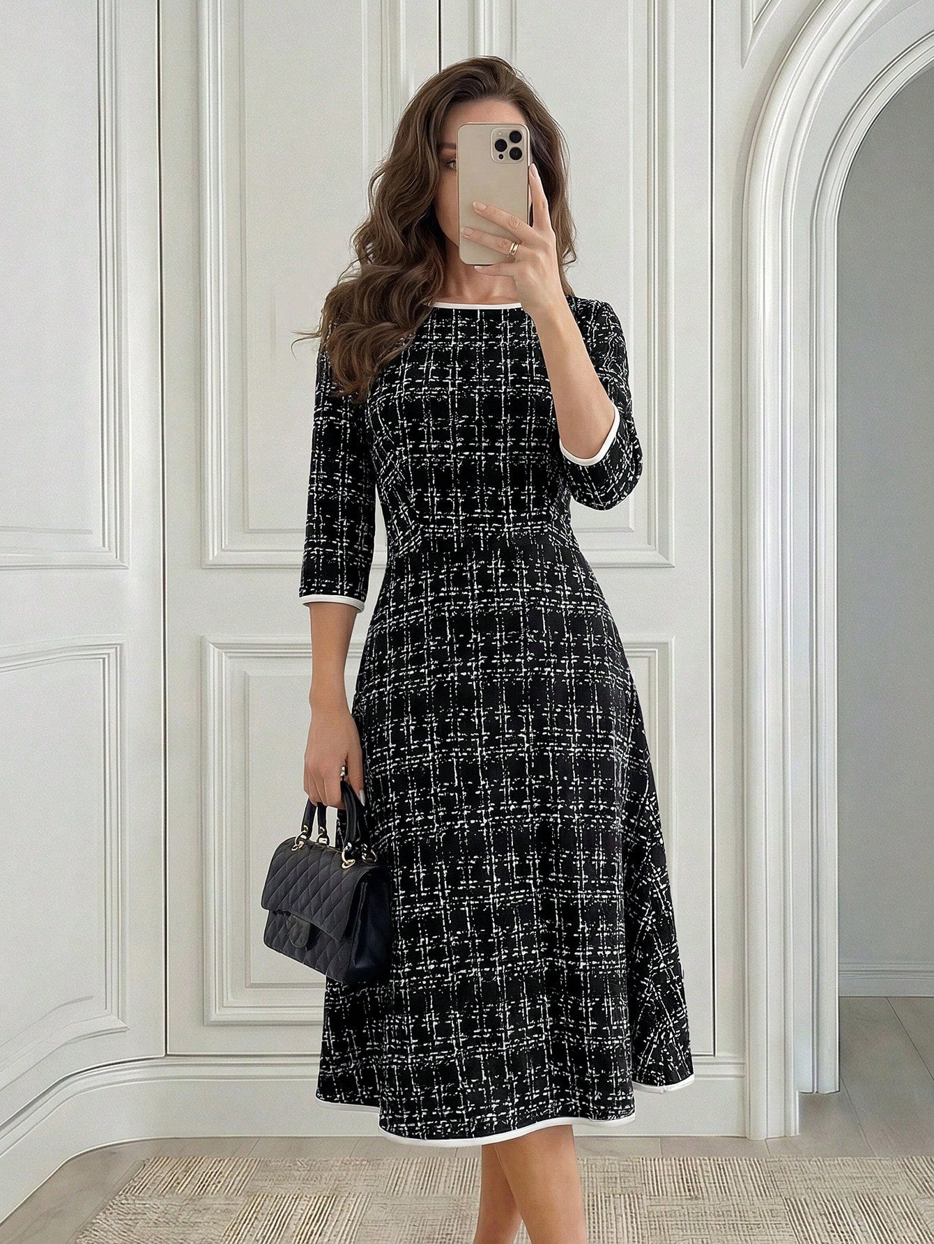 Medorina Women's Elegant Plaid Mid-Length Dress For Commuting,Fall Dresses For Women