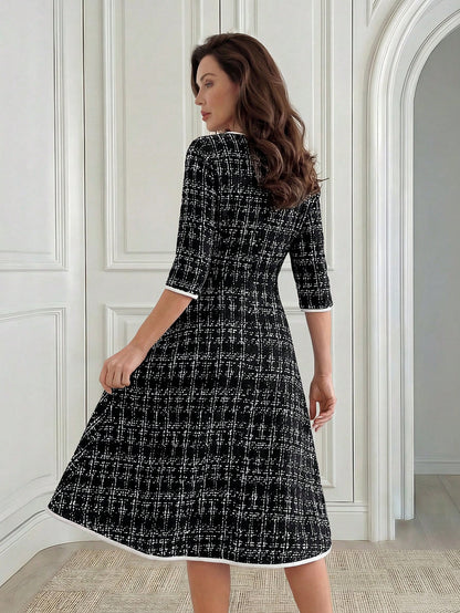Medorina Women's Elegant Plaid Mid-Length Dress For Commuting,Fall Dresses For Women