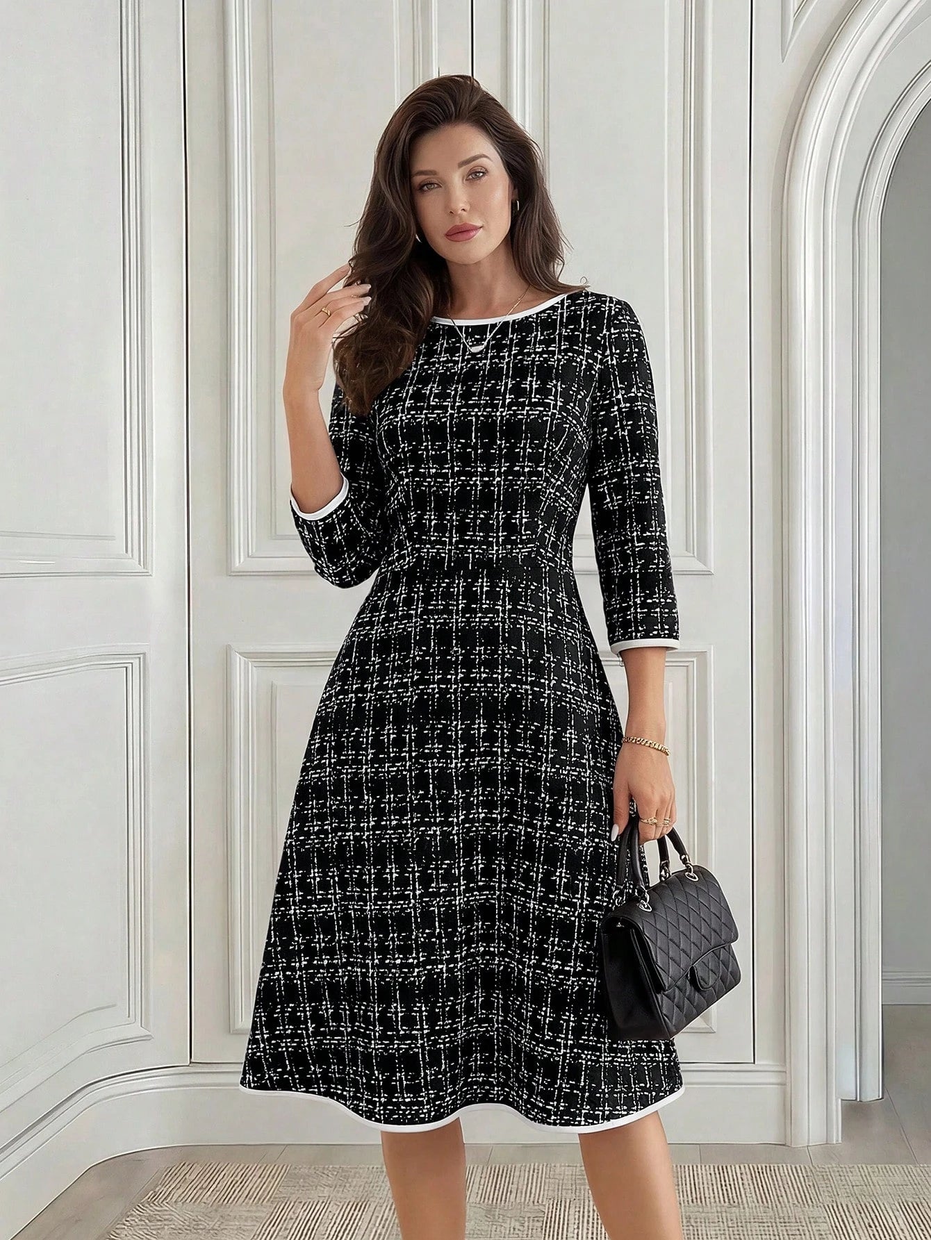 Medorina Women's Elegant Plaid Mid-Length Dress For Commuting,Fall Dresses For Women