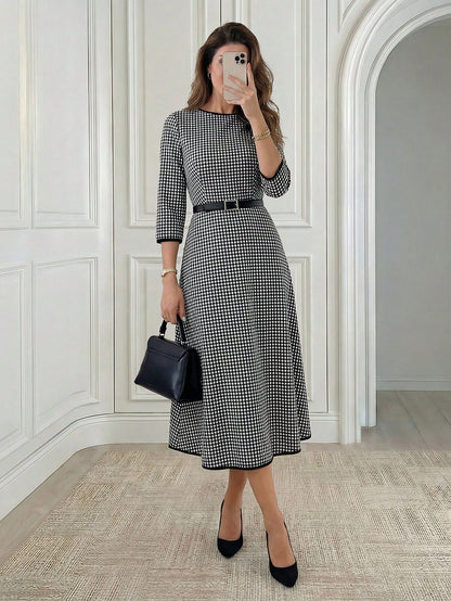 Medorina Women's Elegant Plaid Mid-Length Dress For Commuting,Fall Dresses For Women