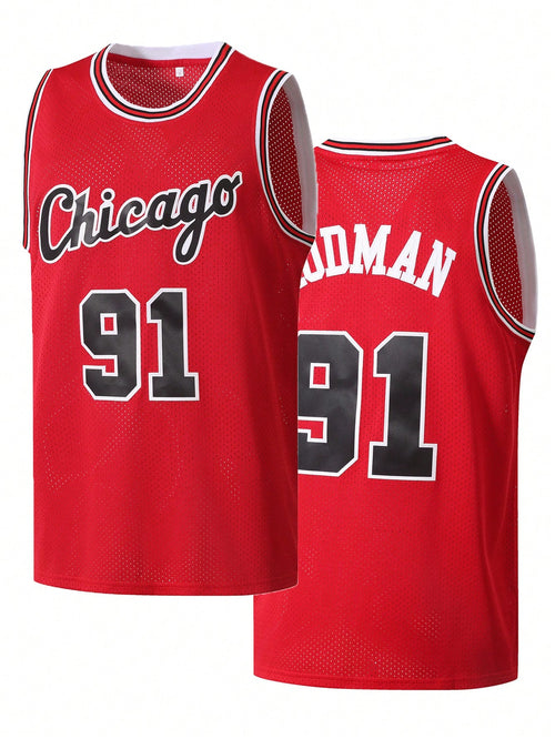 Men's Basketball Jersey 91 Red Embroidered Casual Sports Vest Round Neck Sleeveless Training Suit