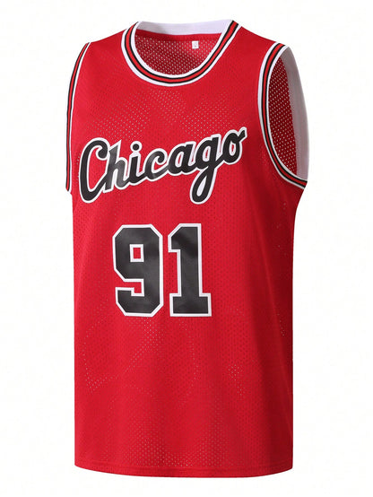 Men's Basketball Jersey 91 Red Embroidered Casual Sports Vest Round Neck Sleeveless Training Suit