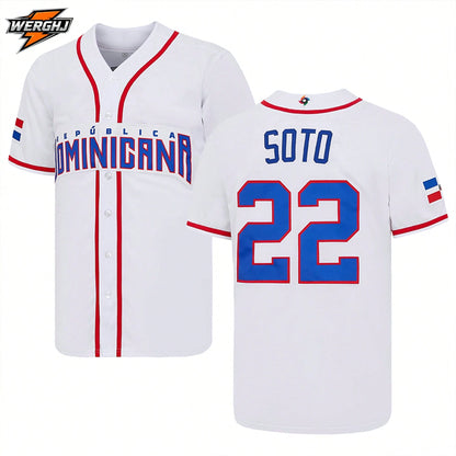 Men's Juan Soto #22 Dominican Republic White Baseball Jersey, 2026 World Baseball Classic Embroidered Number Baseball Uniform, Fan Gift