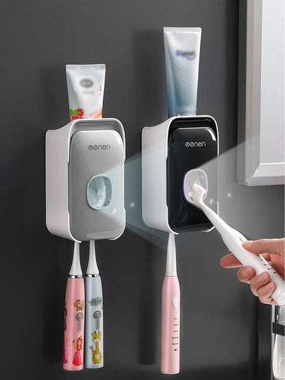 MENGNI 1pc Wall-Mounted Automatic Toothpaste Dispenser With Toothbrush Holder Bathroom Accessories Set Home Bathroom Decor Autumn Decoration Back To School Season