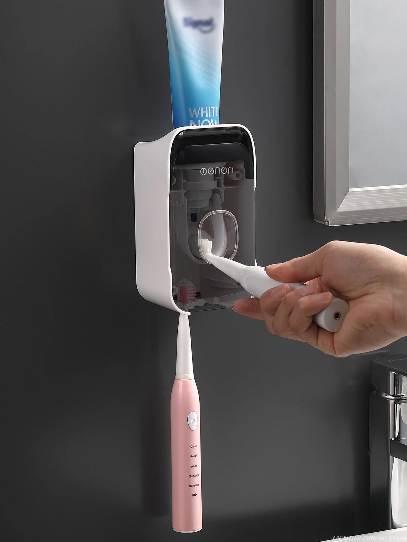 MENGNI 1pc Wall-Mounted Automatic Toothpaste Dispenser With Toothbrush Holder Bathroom Accessories Set Home Bathroom Decor Autumn Decoration Back To School Season