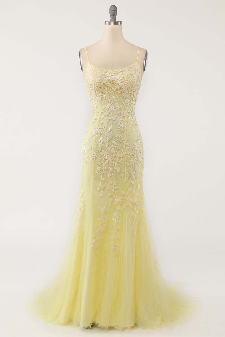 Mermaid Yellow Lace Appliques Long Formal Dress