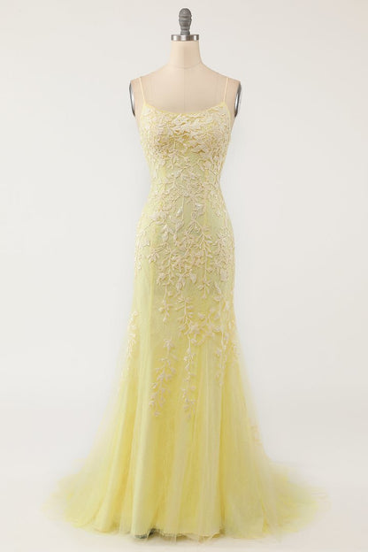 Mermaid Yellow Lace Appliques Long Formal Dress