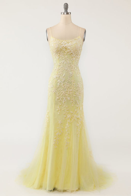 Mermaid Yellow Lace Appliques Long Formal Dress