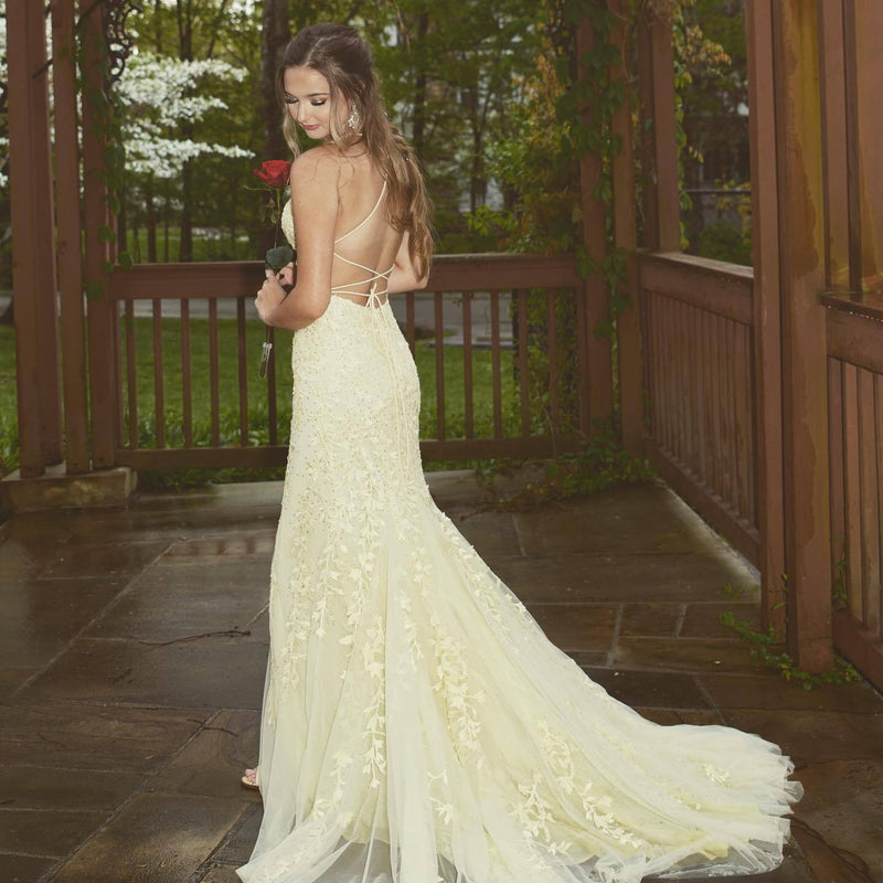 Mermaid Yellow Lace Appliques Long Formal Dress