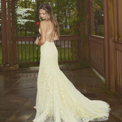Mermaid Yellow Lace Appliques Long Formal Dress