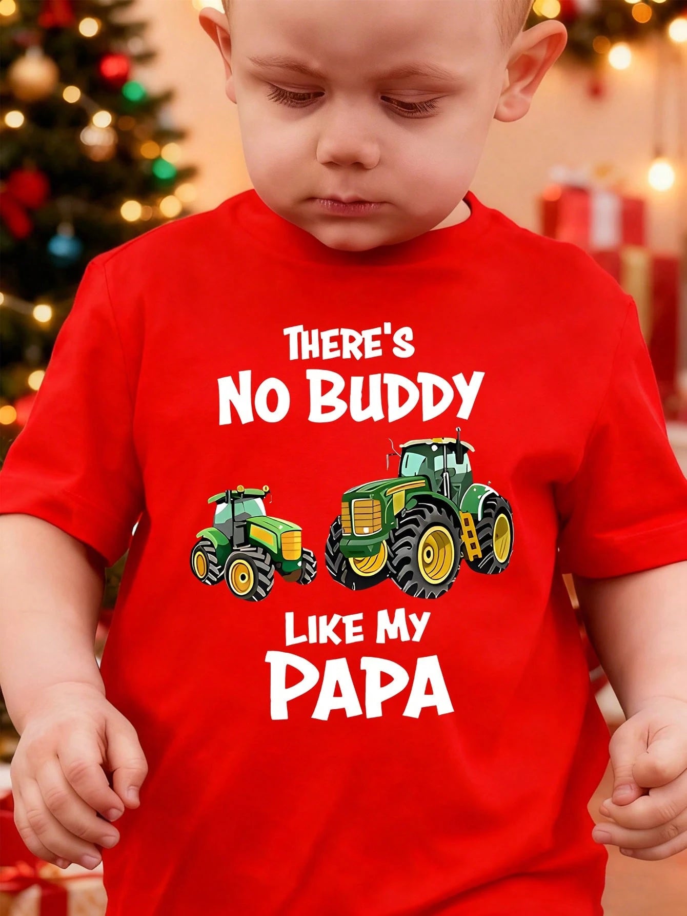 Merry Christmas Baby Boys' Fashionable Tractor Pattern There's No Buddy Like My Papa Print, Comfortable Baby Boy Crew-Neck T-Shirt,Versatile For All Seasons, Suitable For Christmas Party