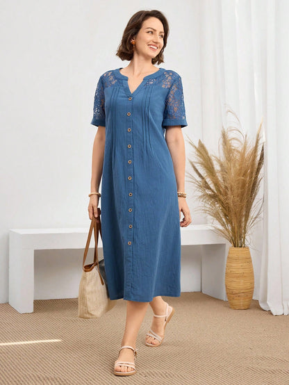 Miaspire Women's Clothing Daily Wear Holiday Dress Spring Summer V-Neck Lace Patchwork Casual Comfortable Breathable Cotton Fabric Mid-Length Dusty Blue Brunch