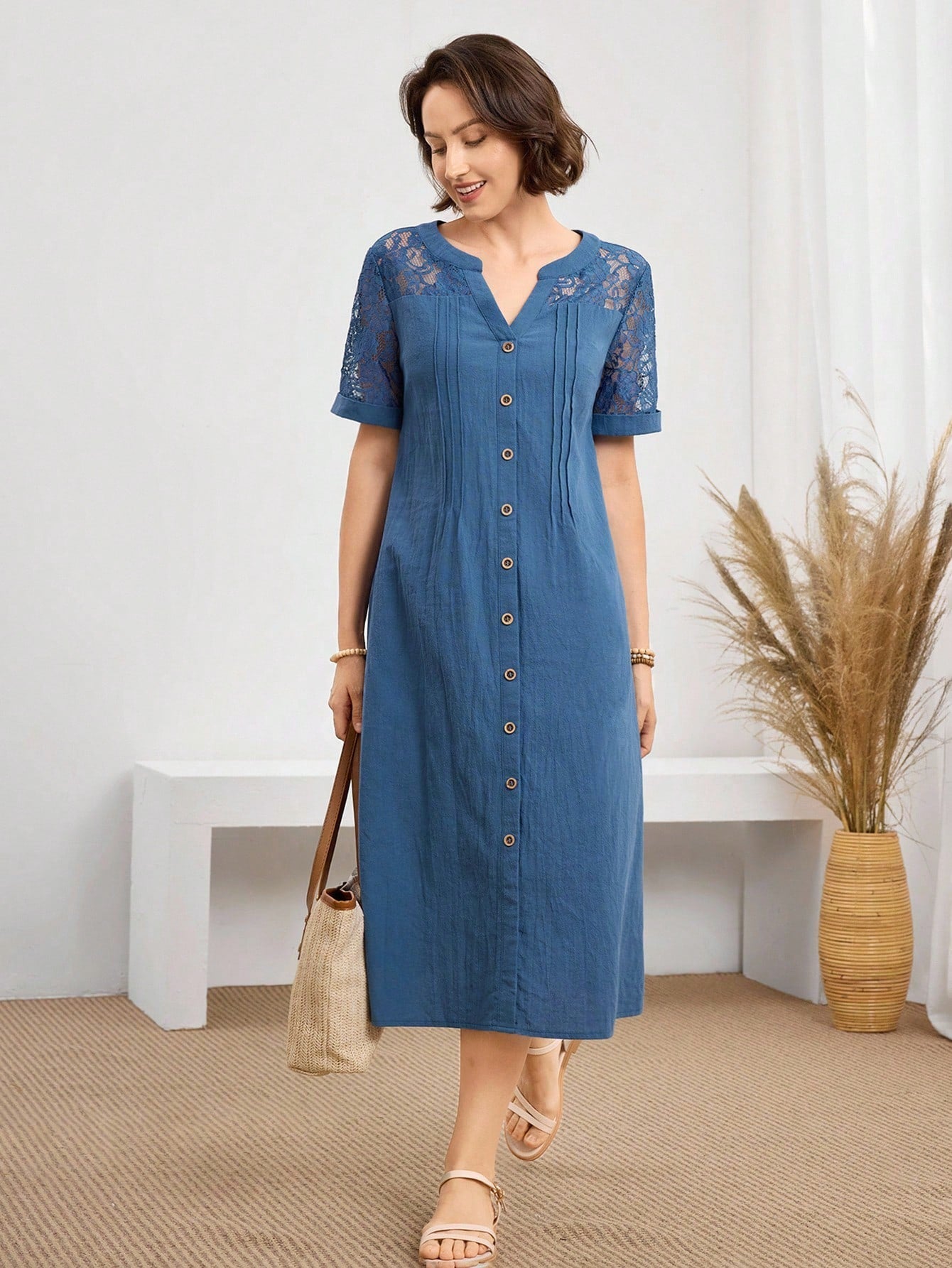 Miaspire Women's Clothing Daily Wear Holiday Dress Spring Summer V-Neck Lace Patchwork Casual Comfortable Breathable Cotton Fabric Mid-Length Dusty Blue Brunch