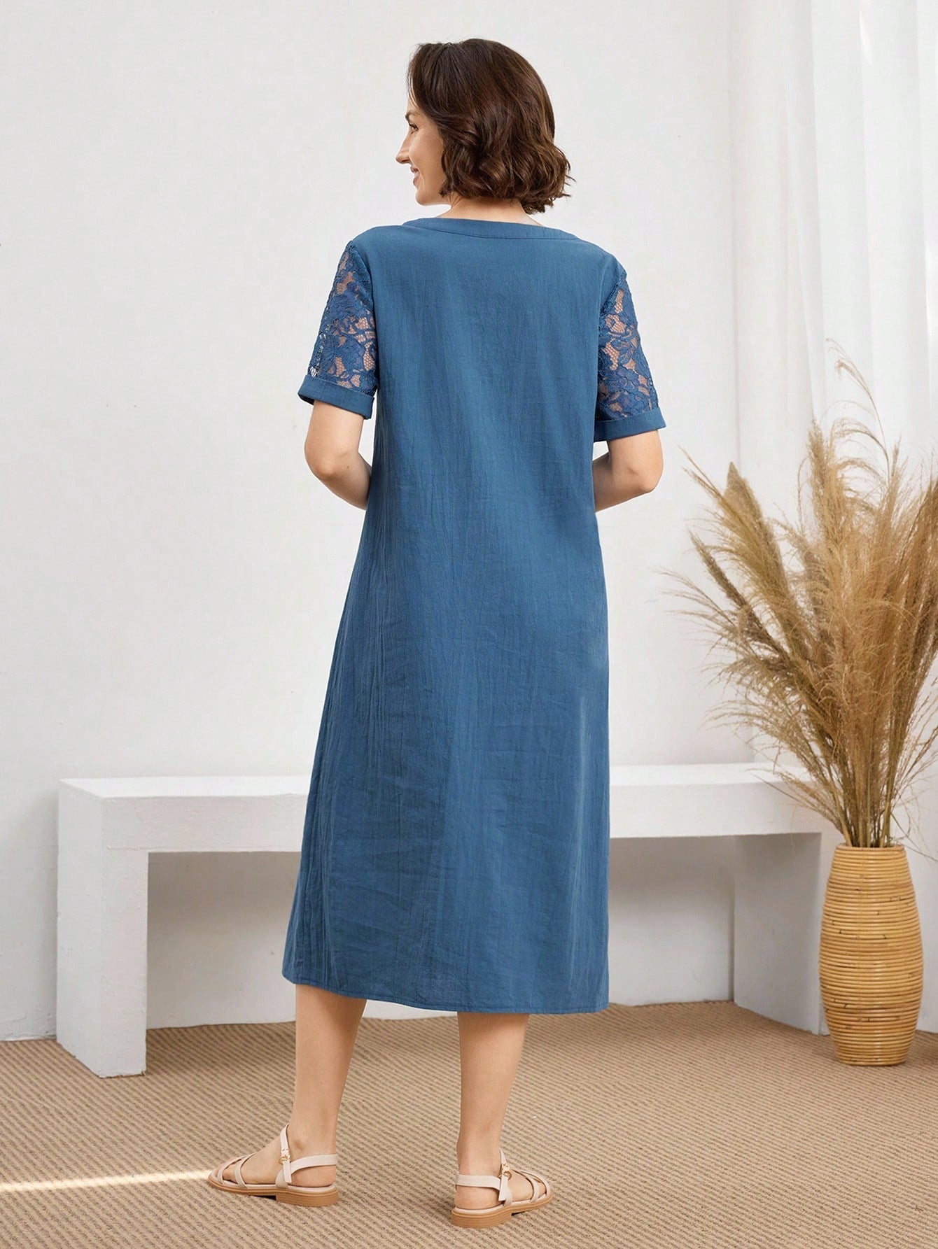 Miaspire Women's Clothing Daily Wear Holiday Dress Spring Summer V-Neck Lace Patchwork Casual Comfortable Breathable Cotton Fabric Mid-Length Dusty Blue Brunch