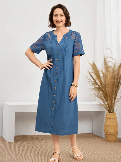 Miaspire Women's Clothing Daily Wear Holiday Dress Spring Summer V-Neck Lace Patchwork Casual Comfortable Breathable Cotton Fabric Mid-Length Dusty Blue Brunch