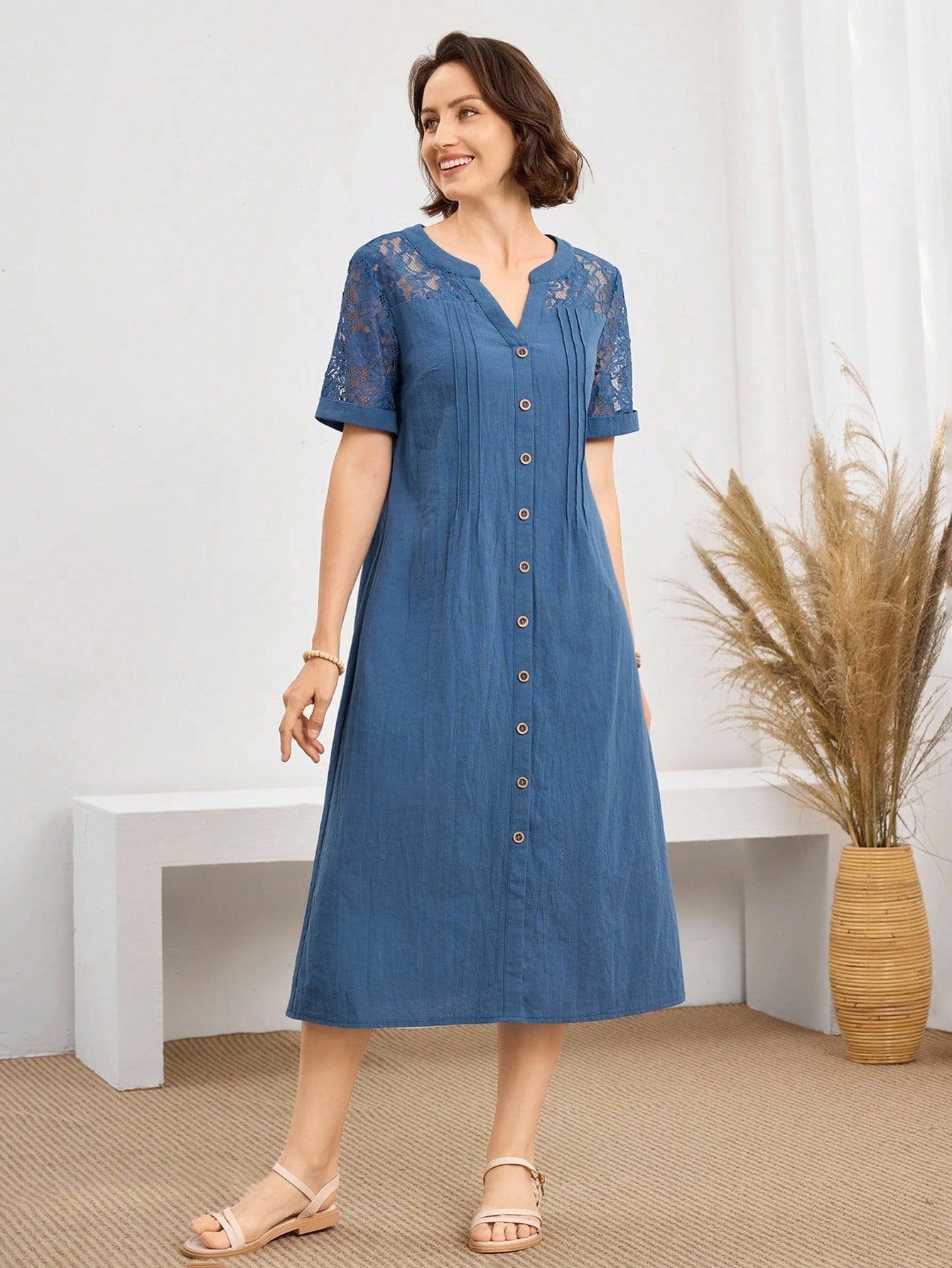 Miaspire Women's Clothing Daily Wear Holiday Dress Spring Summer V-Neck Lace Patchwork Casual Comfortable Breathable Cotton Fabric Mid-Length Dusty Blue Brunch