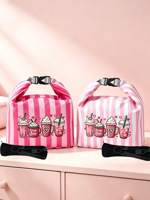 Milk Tea Print Pattern Bento Tote Bag, Pink And Magenta Striped Printed Handbag, With Black Cutlery Storage Bag, Yard Picnic Supplies, Large Capacity Insulated Lunch Bag, Student Lunch Insulated Bag