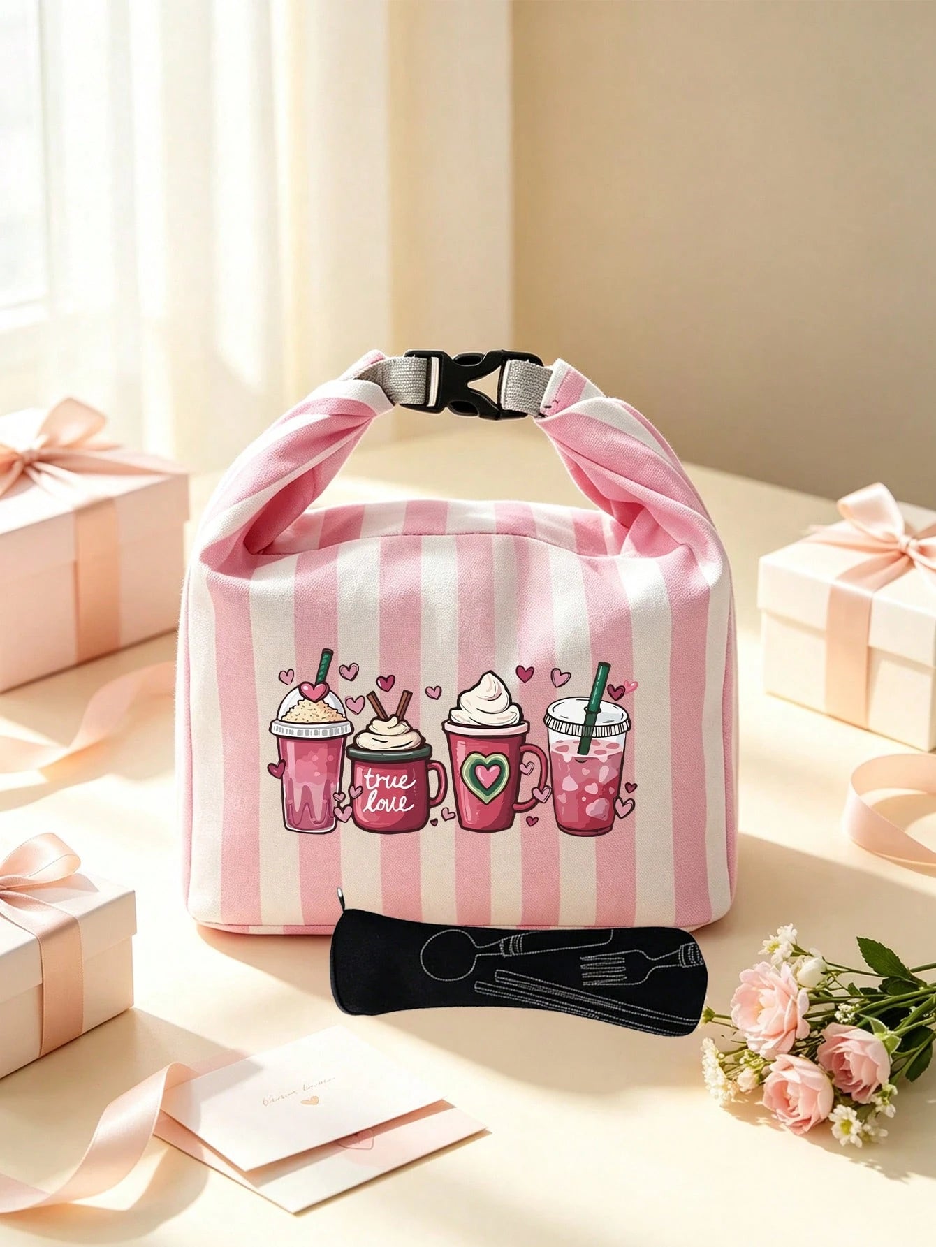 Milk Tea Print Pattern Bento Tote Bag, Pink And Magenta Striped Printed Handbag, With Black Cutlery Storage Bag, Yard Picnic Supplies, Large Capacity Insulated Lunch Bag, Student Lunch Insulated Bag