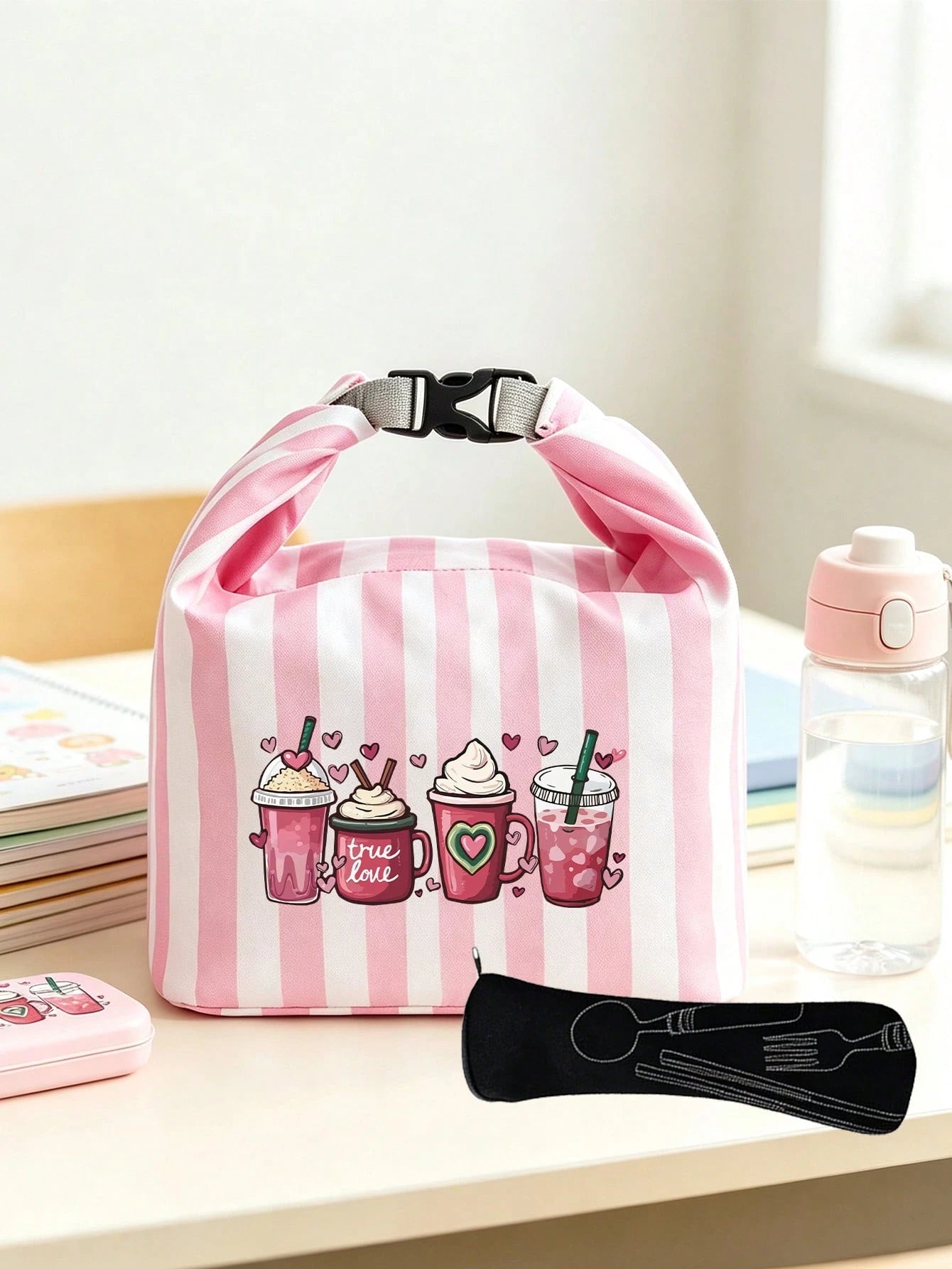 Milk Tea Print Pattern Bento Tote Bag, Pink And Magenta Striped Printed Handbag, With Black Cutlery Storage Bag, Yard Picnic Supplies, Large Capacity Insulated Lunch Bag, Student Lunch Insulated Bag
