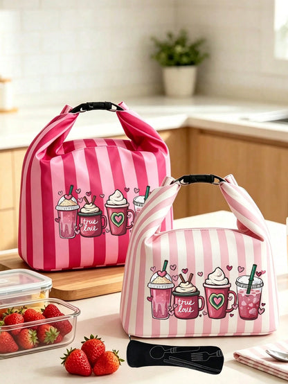 Milk Tea Print Pattern Bento Tote Bag, Pink And Magenta Striped Printed Handbag, With Black Cutlery Storage Bag, Yard Picnic Supplies, Large Capacity Insulated Lunch Bag, Student Lunch Insulated Bag