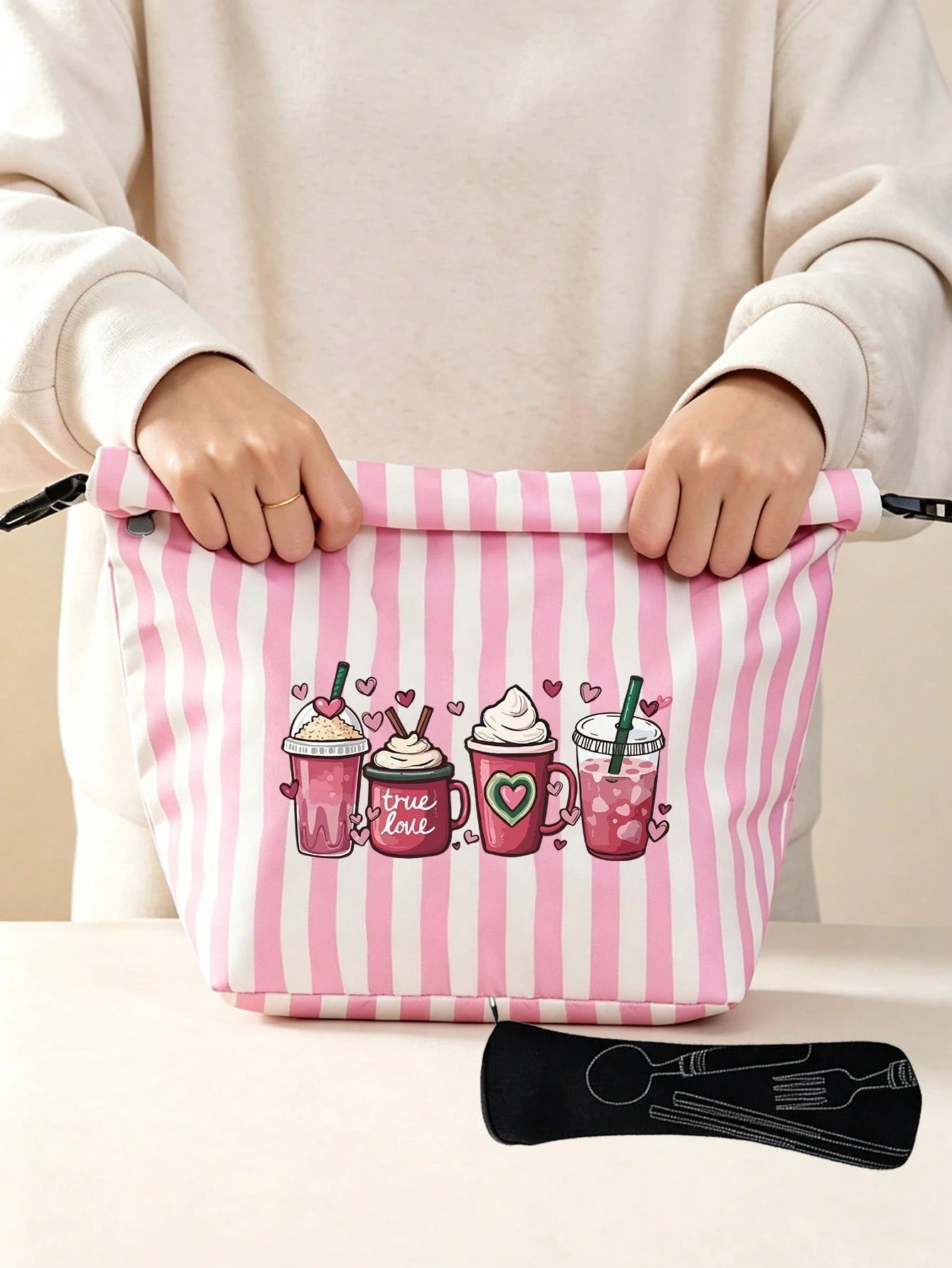 Milk Tea Print Pattern Bento Tote Bag, Pink And Magenta Striped Printed Handbag, With Black Cutlery Storage Bag, Yard Picnic Supplies, Large Capacity Insulated Lunch Bag, Student Lunch Insulated Bag